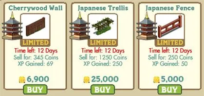 Cherrywood Wall, Japanese Trellis, and Japanese Fence items for sale in a virtual game, with prices and limited availability.