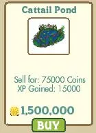 Cattail Pond game item with selling price and experience points information.