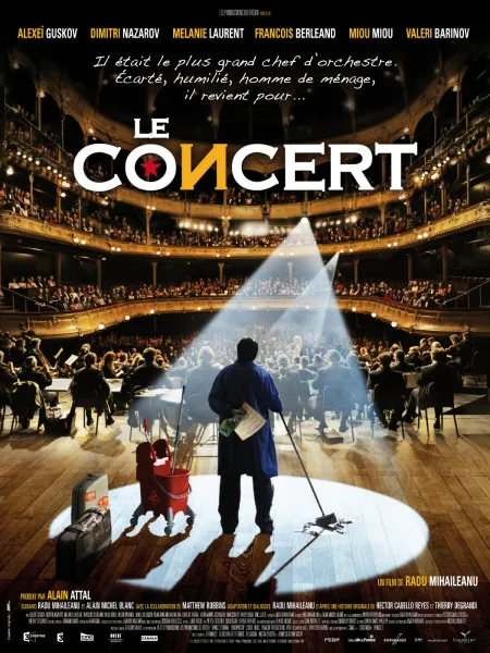 A theatrical poster for the film "Le Concert," featuring a conductor on stage with a spotlight and an audience.