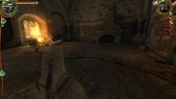 A dimly lit stone room with a fireplace and a glowing light source.