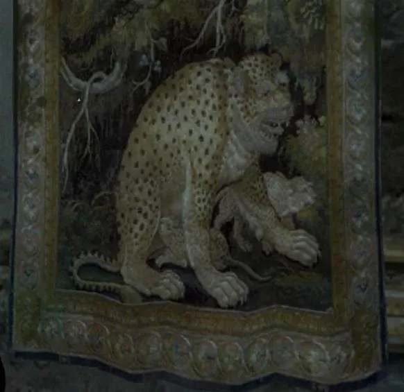 Leopard depicted in an ornate tapestry with foliage background.