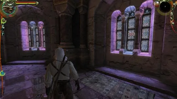 A character in a medieval-style room with stained glass windows.
