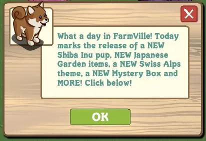 Shiba Inu puppy announcement in FarmVille with garden items and themes.