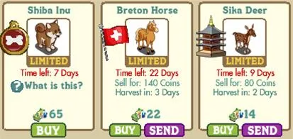 Dog and horse figurines with details about purchase options and harvest times.