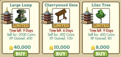 Three limited-time items for sale: a large lamp, a cherrywood gate, and a lilac tree, with respective prices and XP details.