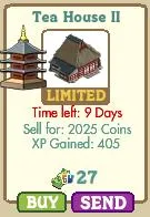 Tea House II - Limited time offer with selling price and experience points information.
