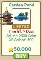 Garden pond item for sale with limited time offer, selling for 50,000 coins, gaining 500 experience points.