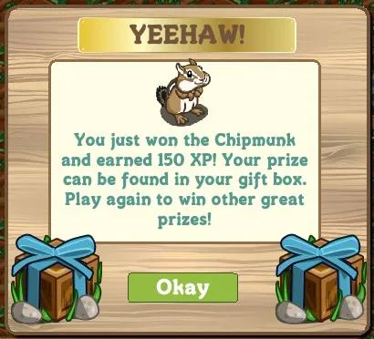 Chipmunk prize notification with XP earned in a gaming context.