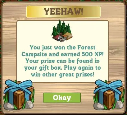 "Notification of winning 500 XP and prize in a game, with a forest campsite illustration."