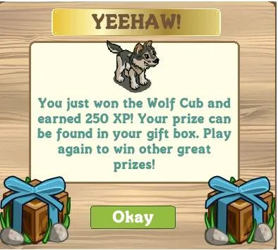 "Game notification for winning a Wolf Cub and earning 250 XP with gift box prizes."