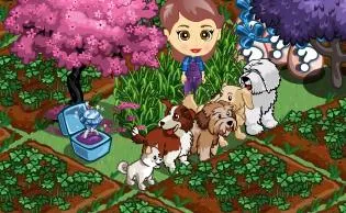 A character standing in a garden surrounded by various breeds of dogs.