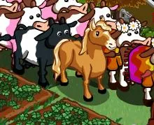 A group of cartoon cows and a horse in a farm setting.