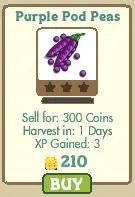 Purple Pod Peas - Selling price: 300 coins, harvest time: 1 day, XP gained: 3.