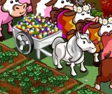 Cartoon illustration of a farm scene with cows, a horse pulling a cart filled with colorful eggs, and crops in the foreground.