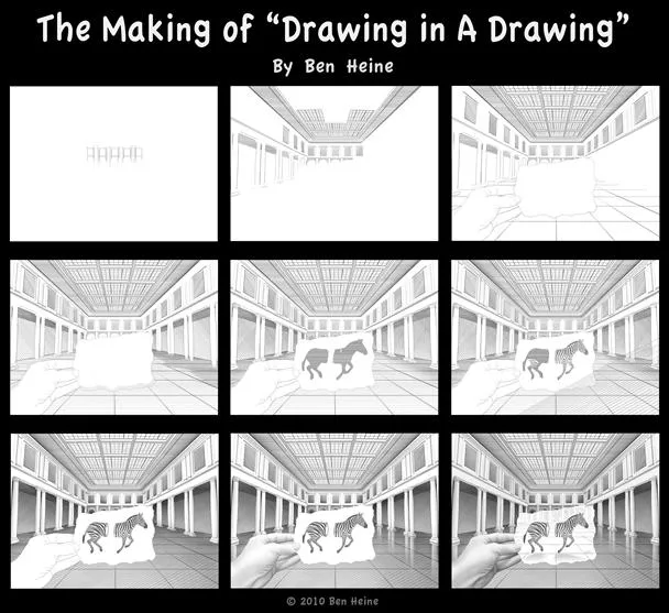 The Making of "Drawing in a Drawing" by Ben Heine, showcasing a step-by-step creative process.