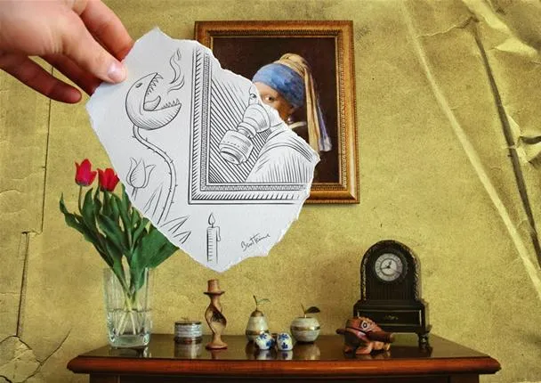 A hand holding a sketch of a famous painting in front of a decorative table with flowers and a vintage clock.