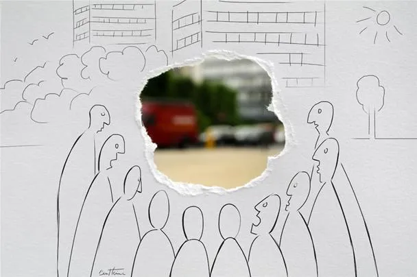 An abstract illustration featuring outlined figures surrounding a cut-out view of a blurred urban scene.
