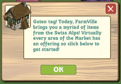 FarmVille Swiss Alps item promotion announcement.