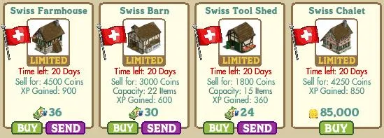 Image showcasing various Swiss-themed buildings for sale in a game, including a Swiss Farmhouse, Swiss Barn, Swiss Tool Shed, and Swiss Chalet, each with pricing and stats.