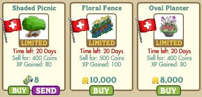 Limited time garden decorations including a shaded picnic tree, floral fence, and oval planter with pricing and rewards information.