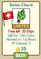 Swiss Chard game item with a limited time offer, showing a flag and details on purchasing and selling.