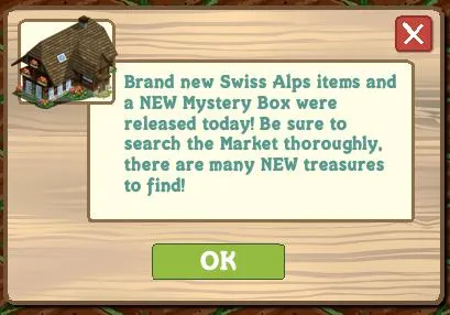 New Swiss Alps items and a Mystery Box available in the Market.