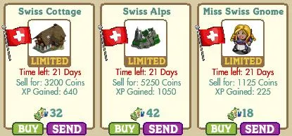 Swiss themed virtual items: Swiss Cottage, Swiss Alps, and Miss Swiss Gnome.