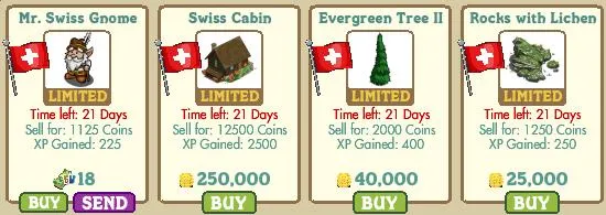 Farm game items with flags: Mr. Swiss Gnome, Swiss Cabin, Evergreen Tree III, and Rocks with Lichen, with respective prices and experience points.