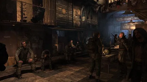 A dimly lit scene featuring several characters in a rustic, industrial setting, engaged in various activities.