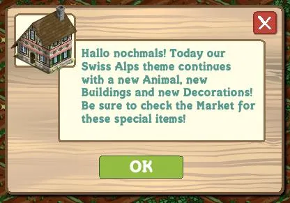 Swiss Alps theme announcement featuring new animal, buildings, and decorations.