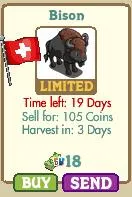 Bison character in a virtual game with purchase and harvest details.