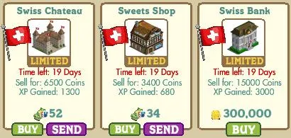 Swiss-themed buildings available for purchase in a game, including a chateau, sweets shop, and bank, with details on coins and experience points.