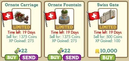 Ornate carriage, fountain, and Swiss gate promotional items in a game store.