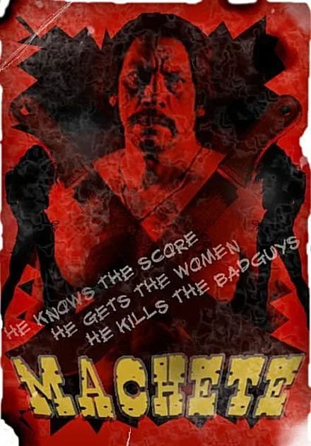 Machete movie poster featuring a rugged man against a red background.