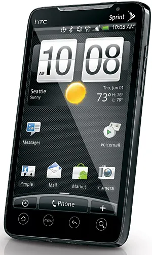 HTC smartphone displaying home screen with weather and app icons.