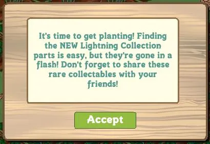 Text promoting a gardening game feature with details on the Lightning Collection and a prompt to share with friends.