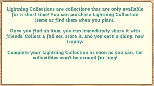 Lightning Collection items available for a limited time; share and collect to earn new trophies.