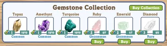 Gemstone collection featuring topaz, amethyst, turquoise, ruby, emerald, and diamond with prices.