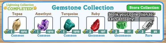 Gemstone collection display with various types including Toyas, Amethyst, Turquoise, Ruby, and one labeled as Unknown.