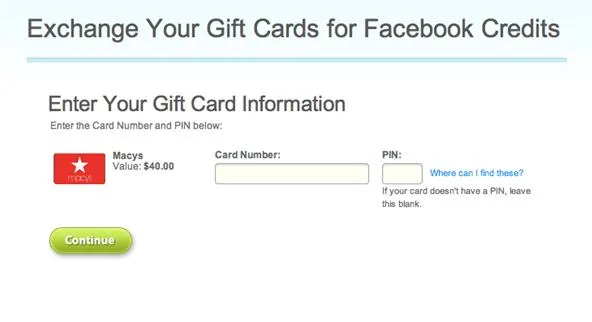 Exchange gift cards for Facebook credits form.