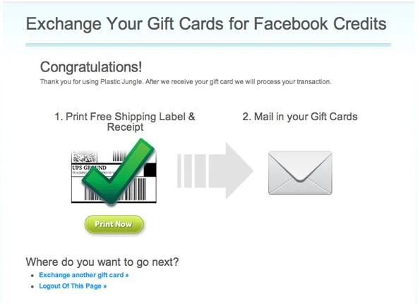 Exchange gift cards for Facebook credits with instructions for mailing them in.