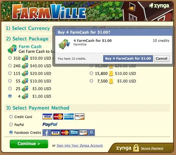 FarmVille in-game purchase screen with options for purchasing Farm Cash.