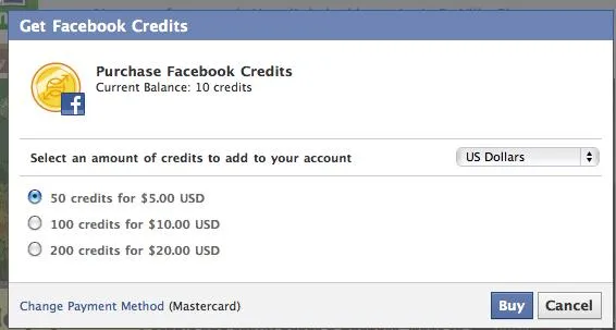 Purchase options for Facebook Credits with current balance displayed.