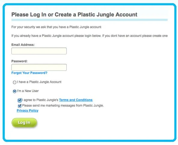 Login or Create an Account form for Plastic Jungle