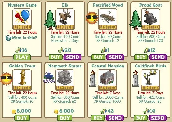 Game item selection grid featuring various limited items with prices and timers.