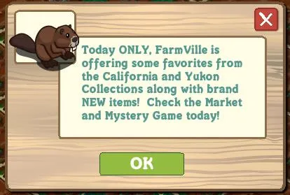 FarmVille promotional announcement for California and Yukon Collections with new items.