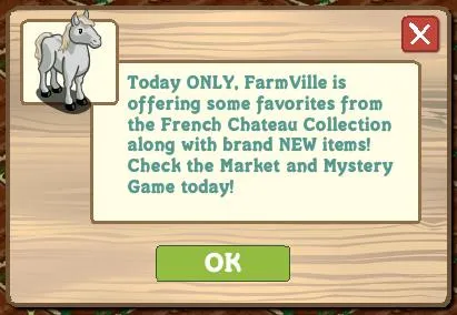 FarmVille promotional message featuring a horse character with details about a special offer.
