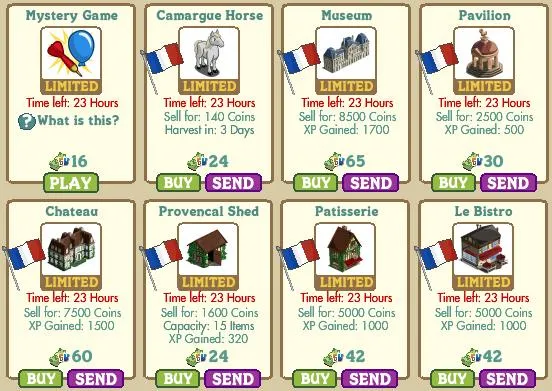 Farm building and game items for sale in a virtual game.