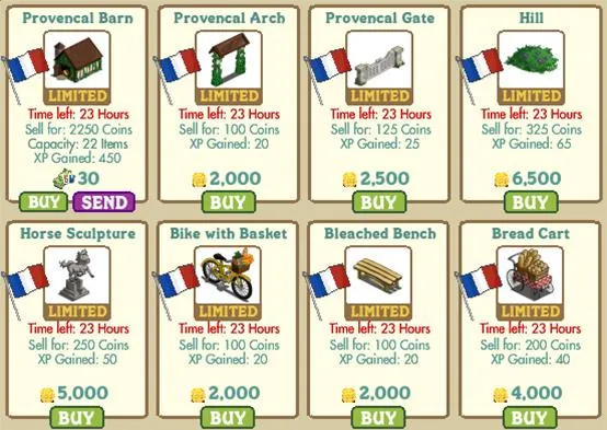 Provencal-themed game items for purchase with respective costs and time limits.