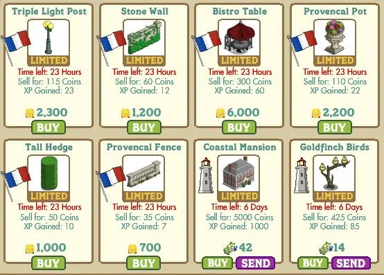 Game item selection grid featuring decorative elements like lamps, walls, tables, and plants.